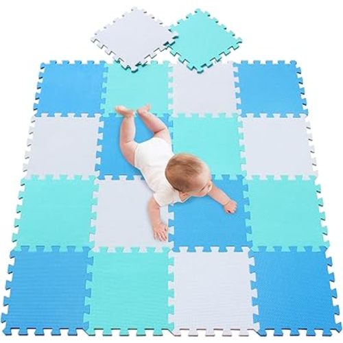 meiqicool Playspot Foam Play Mat for Baby, Grey/Cream,White,Blue and Green 55.9" X 44.9"101107108