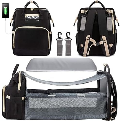 Diaper Bag with Changing Pad, Multifunction Waterproof Diaper Bag for Boys Girls, Baby Shower Gifts, Travel Nappy Bag with USB Charging Port, Stroller Straps,Black