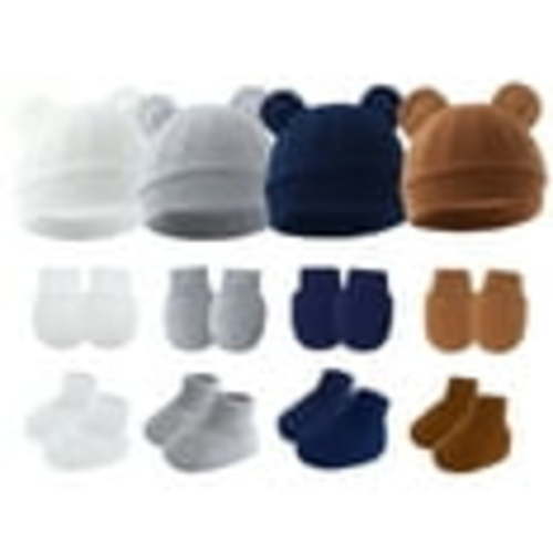 Happy Cherry Newborn Hospital Hat Cotton Baby Boy Beanie Caps Infant Bear Ears Preemie Cap Preemie No Scratch Mittens Baby Girl Hat Mitten Sock Set 4 Pack for 0-6 Months(Caramel Navy Blue White Gray)