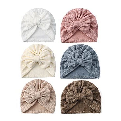 ZURLEFY 6 PCS Stretchy Baby Turban Hats, Baby Hat with Bows for Girls, Baby Boys Caps, Toddler, Newborn, Infant Hat Unisex