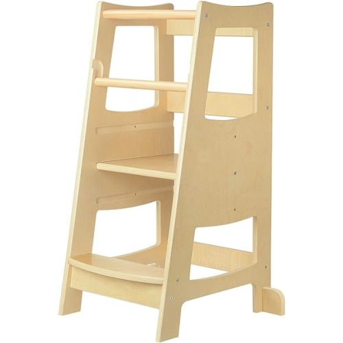 Toddler Step Stools for Kids, Toddler Tower Kids Step Stool with Safety Rail, 3 Heights Adjustable Toddler Kitchen Stool Helper, Kids Toddler Stool for Kitchen Counter Bathroom, Wooden
