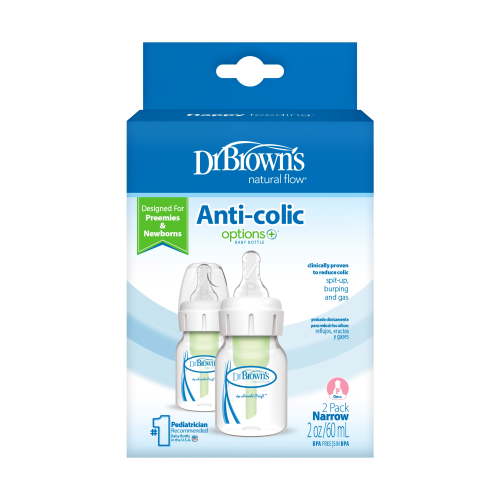 Dr. Brown's Natural Flow Anti-Colic Options+ Narrow Baby Bottle, 2oz/60ml, Preemie Flow, 0m+, 2 Pack