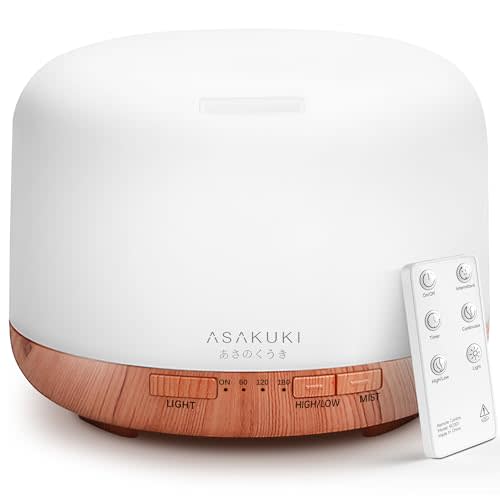 ASAKUKI Essential Oil Diffuser for Home, 500ML Aromatherapy Diffuser Humidifier with Remote Control, 7 Color LED Lights, Quiet Cool Mist Diffuser for Bedroom, Office (Yellow)