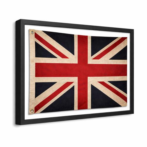 Vintage Union Jack Flag Framed Wall Art – Embroidered Textile Style UK Patriotic Decor