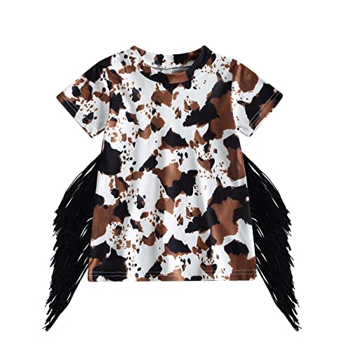 Gueuusu Toddler Baby Girl Western Dress Cow Print T Shirt Dress Boho Short Sleeve Fringe Dresses Kids Summer Clothes