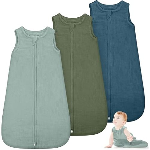Baby Sleep Bag 0-6/6-12month Sleeveless Muslin Baby Wearable Cotton Sack with 2 Way Zipper Swaddle for Newborn Baby Boy Girl(Blue, Green, 6-12 Months)
