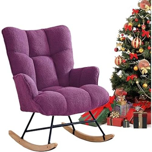 Rocking Chair Nursery Teddy Upholstered Glider Rocker Rocking Accent Chair Padded Seat with High Backrest Armchair Comfy Side Chair for Living Room Bedroom Offices (Purple Teddy)