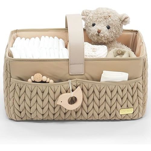 Luxurious Baby Diaper Caddy, Nursery Storage Basket for Newborn Boy and Girl, Travel Baby Basket for Diapers Baby Wipes, Organizer Tote Bag Storage Bin, Baby Shower Gifts (tan)