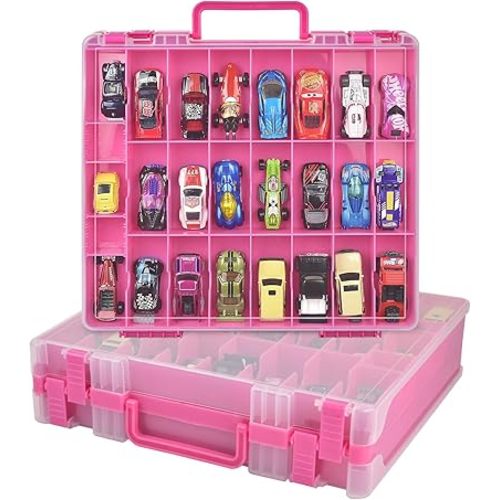 Toy Car Storage Organizer Case Compatible with Hot Wheels/for Matchbox Cars. Display Carrying Container Holder for LOL Surprise Dolls/for Shopkins with 48 Compartments Double Sided-Pink (Box Only)