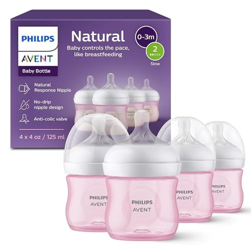 Philips Avent Natural Baby Bottles with Natural Response Nipples (Slow Flow, Flow 2), 4oz, Pink, 4-Pack, SCY900/14