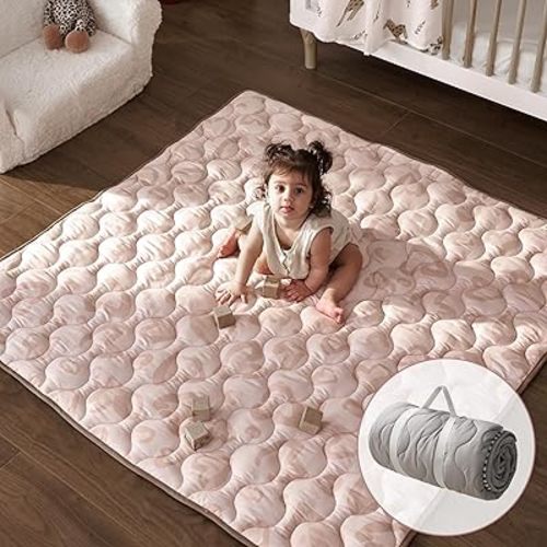 Momcozy Baby Play Mat for Floor, 50x50 Thickened Playpen Mat, Playmate for Baby Tummy Time, Waterproof & Non-Slip, Foldable Outdoor Mat with Carrying Handle, Leopard Heart