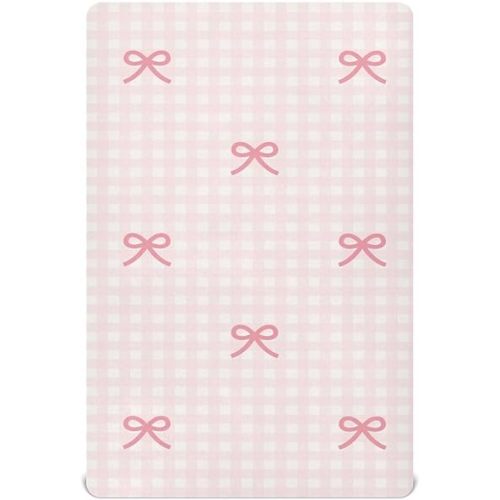 Pink Checkered and Bows Fitted Crib Sheets Stretchy Portable Playard Sheets for Baby Toddler, Breathable Soft Mini Crib Mattress 52 x 28 in for Boys and Girls