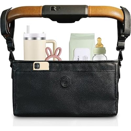 Vegan Leather Stroller Caddy with Cup Holder - Universal Stroller Organizer with Cup Holder, 4 Built-In Pockets, Shoulder Strap, Stroller Cup Holder fits Mockingbird, UppaBaby, Nuna, BOB, and More