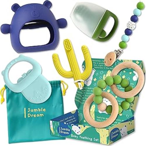 My First Teether Set: Baby Teething Toys Gifts for 0-12 Months – Infant Teething Relief Baby Toys 6-12 Months Baby Shower Gifts (Green & Dark Blue)