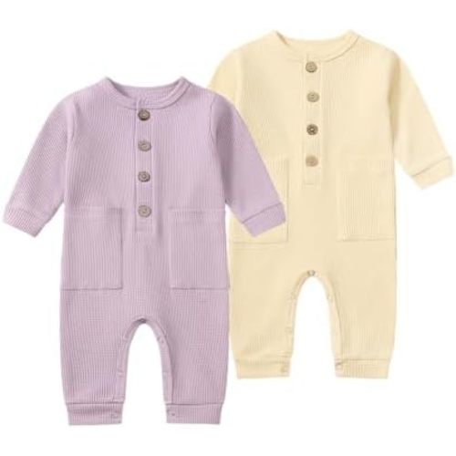 BeiVSlley Newborn Baby Boy Girl 2 Pack Button Solid Romper Infant Long sleeve Knit Cotton Footless Outfits Clothes