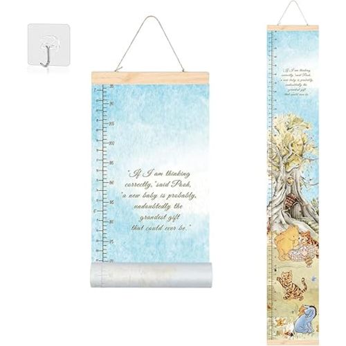 Winnie Canvas Growth for Baby Boy and Girl Nursery or Toddler Room Wall Decor for Kids Removablr Roll Up Height Chart with Wooden Frame