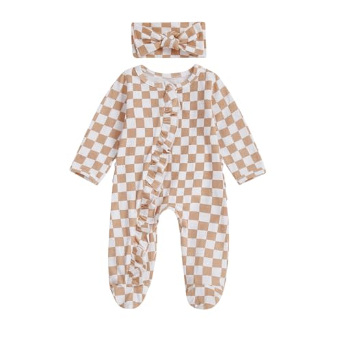 Karuedoo Newborn Baby Girl Clothes Checkered Ruffle Long Sleeve Zipper Footie Romper One-Piece Footed Jumpsuit Sleeper