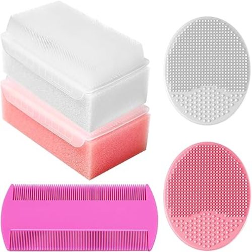 Cradle Cap Brush for Babies, Baby Bath Essentials with Silicone Scrubber Bath Sponge Dual-Sided Comb for Newborns Toddlers Boys Girls (Pink, Set of 5)