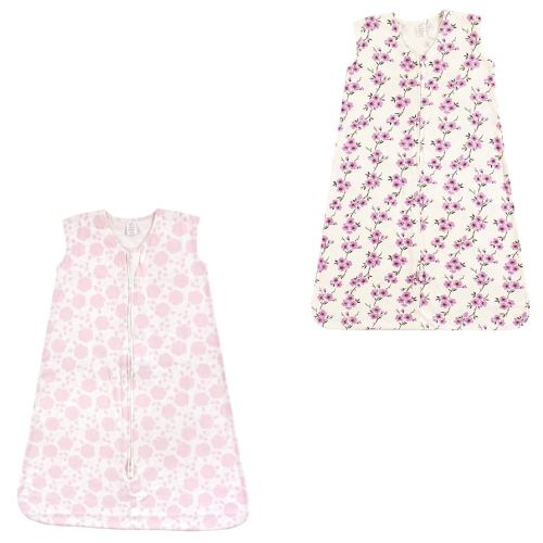 Touched by Nature Baby Organic Cotton Sleeveless Wearable Sleeping Bag, Sack, Blanket, Cherry Blossom And Floral Shadow 2-Pack, 0-6 Months