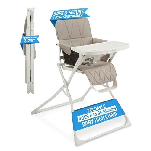 Primo PopUp Folding High Chair (for Baby Age 6 to 36 Months) Taupe Folding Beach Chair Style High Chair with Removable Dishwasher Safe Tray, 3pt Safety Harness, Leatherette Seat – Space Saving Design