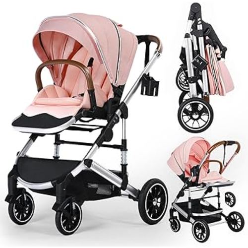 Kinder King Convertible Baby Stroller for Infant and Newborn, Foldable High Landscape Infant Carriage with Reversible Seat, Large Canopy, 5-Point Strap Anti-Shock Toddler Pushchair Stroller, Pinkish