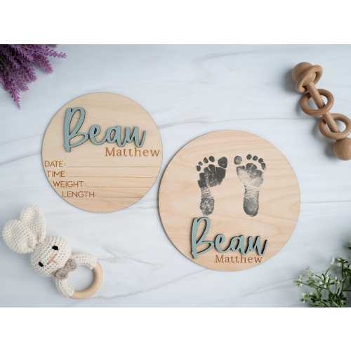 Baby Announcement Plaque for Hospital | Wooden Name Reveal Plate | Newborn Photo Prop with Birth Stats | Baby Hospital Sign | Footprint Sign