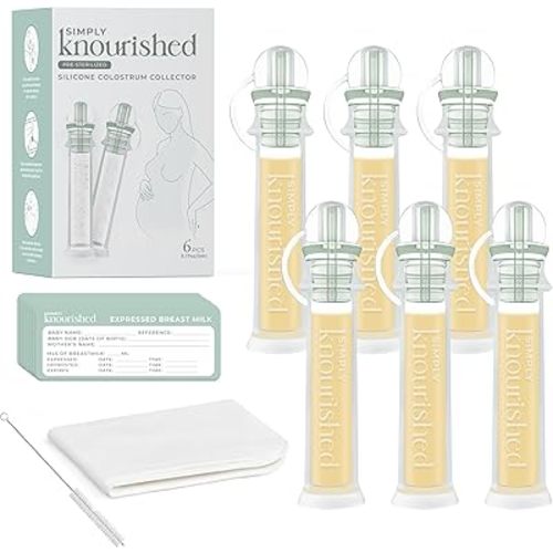 SimplyKnourished Colostrum Collector Kit 5ml/6pcs, Leakproof, Reusable Standing Breast Milk Collector, Heat & Freezer Resistant, BPA-Free, with Cotton Cloth Wipe, Storage Case, Cleaning Brush