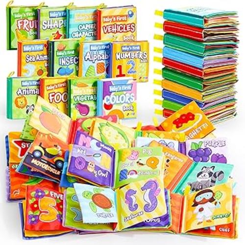 JOYIN 12 Pcs Bath Books, Nontoxic Fabric Soft Crinkly Cloth Books, Waterproof, Bathtub Pool and Early Education First Toys for Infant Newborn Baby Toddlers Kids Birthday Gifts