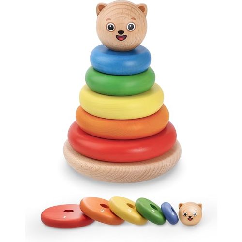 Bimi Boo Wooden Rainbow Stacking Rings for Toddlers - Ring Stacker Baby Toy with Roly-Poly Base - Montessori Early Counting Toy, Size Recognition Learning Activity - Ideal Baby Gift (5 Rings)