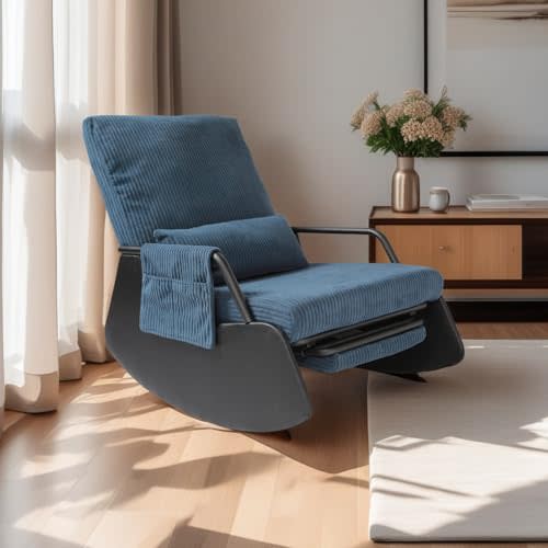Elarisia Rocking Chair for Nursery, Modern Upholstered Plush Seating Glider Recliner Chair with High Backrest and Side Pocket, Accent Armchair with Cushions for Living Room/Reading (Blue)