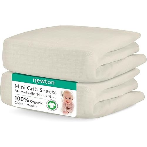Newton Baby Mini Crib Fitted Sheets (2-Pack) | Organic Muslin Cotton, Ultra Breathable & Soft Baby Sheets, Machine Washable Baby Mattress Sheets, Fits Any Mini Sized Crib 24" x 38", Oatmeal