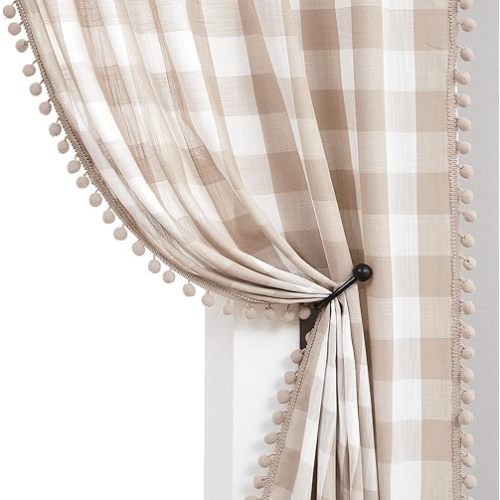 Treatmentex Buffalo Check Curtains 84inch Farmhouse Pom Pom Drapes for Living Room Vintage Gingham Plaid Semi Sheer Tan Window Curtains for Bedroom Kitchen 2 Panels Rod Pocket Taupe and White