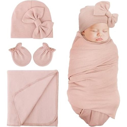 DRESHOW BQUBO Newborn Receiving Blanket Bow Hat Gloves Set Cotton Warm Baby Swaddle Blanket Wrap Baby Sleep Sack Shower Gift