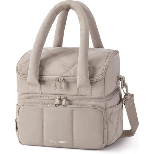 BAGSMART Insulated Lunch Box, Breast Pump Bag, Quilted Puffer Lunch Tote, Leakproof, Durable & Reusable Large Lunch Cooler For Work Picnic Travel Meal Prep, Camel