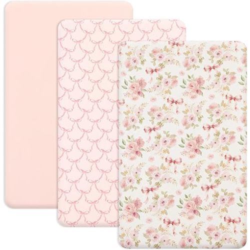 PHF 3 Pack Soft Mini Crib Sheets, Floral & Bow Pack N Play Sheets for Baby Boys Girls, No Slip Universal Fit for Pack N Play, Playard, Portable and Mini Crib Mattresses,Floral & Bow
