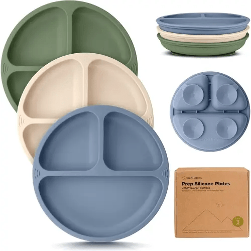 KeaBabies Suction Plates for Baby, Toddler - 3-Pack 100% Silicone Toddler Plates with Suction, Divided, BPA-Free Baby Led Weaning Essentials for Kids, Dishwasher, Microwave Safe, Durable (Slate)