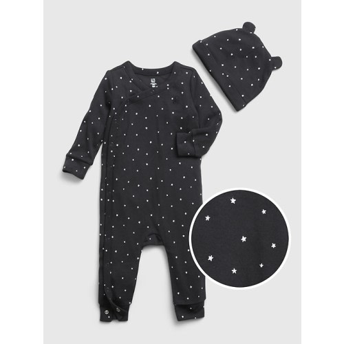 Baby 100% Organic Cotton Print Beanie One-Piece Set in black