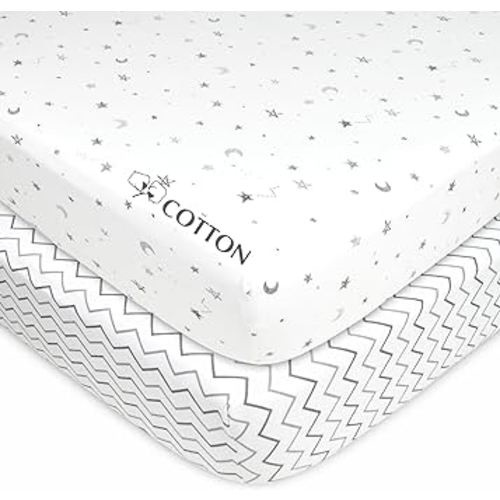 American Baby Company 2 Pack Fitted Crib Sheets 28" x 52", Soft Breathable Neutral 100% Cotton Jersey Sheet, Grey Stars and Zigzag, for Boys and Girls, Fits Crib and Toddler Bed mattresses
