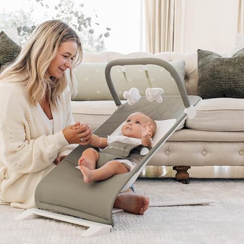 Baby Delight Alpine Deluxe Portable Baby Bouncer | Infant | 0-6 Months | 100% GOTS Certified Organic Cotton Fabric | Organic Sage
