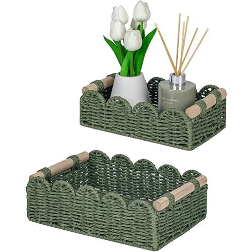 CubesLand Scalloped Edge Decor Baskets for Home, Living Room, Toilet Paper Storage Basket for Over Toilet Shelf, End Table,Shelves and More, Small Paper Rope Baskets Both Storage&Decor, Set 2 Green