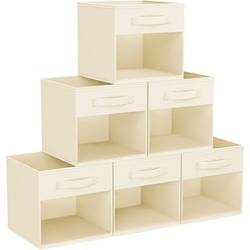 DIMJ Cube Storage Bin, 6 Packs Collapsible Storage Bins with Handles, Fabric Bins for Organization, Cube Storage Organizer Bins for Closet Organization and Storage, Beige