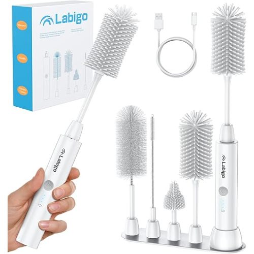 LABIGO Electric Bottle Brush Cleaner Set, Baby Bottle Brush with IPX7 Waterproof and 2 Adjustable Speeds, 4 Replaceable Brush Heads for Baby Bottle, Coffee Cup, Mug, Sports Bottle, Glass Cup, White