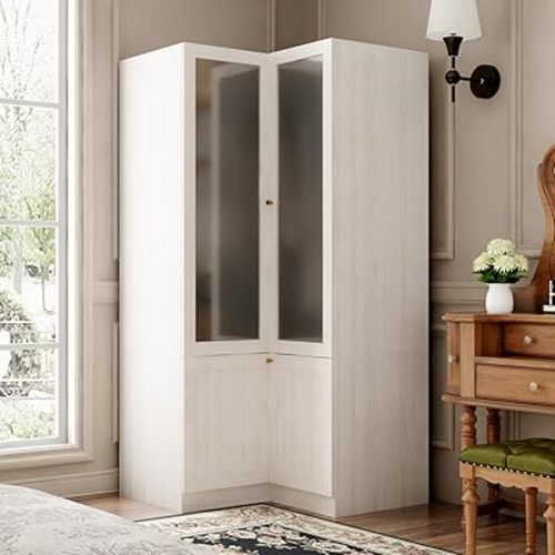 L-Shape Wardrobe Armoire Closet with Hanging Rod & Shelf, Bedroom Armoire with Frosted Glass Doors, Clothes Wardrobe with Gold Knob, Wood Grain, 35.4”D x 35.4”W x 70.9”H