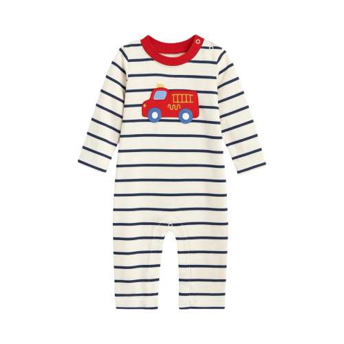 Long Sleeve Striped Applique Romper, Firetruck