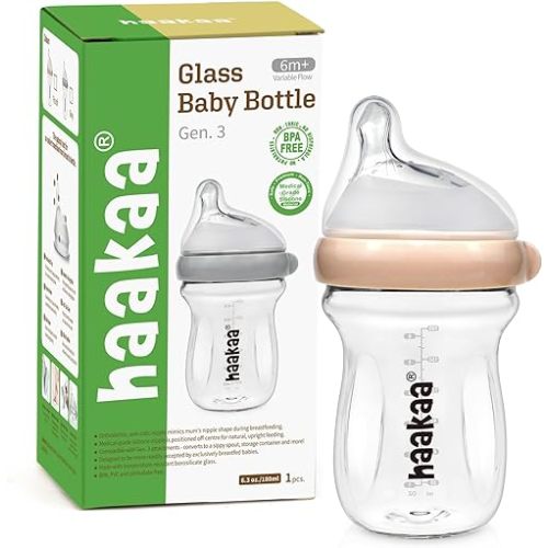 haakaa Gen.3 Natural Glass Baby Bottle Wide Neck Anti-Colic Variable Flow Nipple - Easy to Clean & Latch for 6M+ Breastfed Babies, Newborn Registry Essentials,BPA-Free, 6.3 oz/180 ml, Peach
