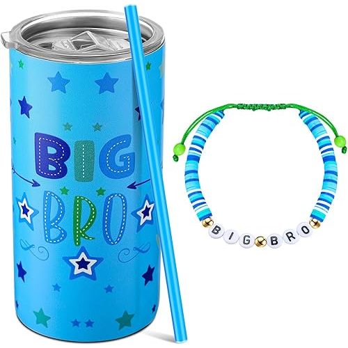 Maxcheck 2 Pcs Big Brother Gift 12 oz Big Brother Cup Stainless Steel Mug Blue Vacuum Insulated with Leak Proof Lid and Straw Bracelet for Little Boy Xmas Gifts