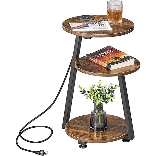 BEWISHOME Round End Table with Charging Station, Accent Side Table Nightstand Bedside Table with 3-Tier Shelves for Living Room Bedroom Couch Table Small Coffee Table Rustic Brown KTZ51Z