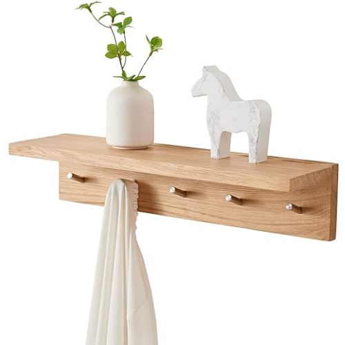 Oak Wood Wall Shelf with 5 Hooks, Entryway Shelf Coat Rack with Hooks Floating Shelves with Hooks for Clothes Hats Towel Purse Robes, Bathroom Mudroom Bedroom (20 inch)