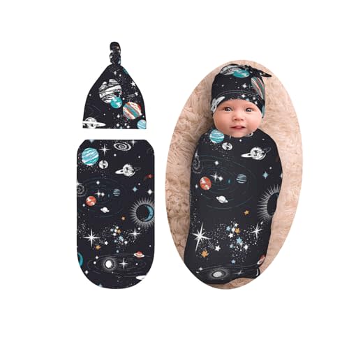 Space Baby Stuff Galaxy Swaddle with Beanie Set, Soft and Stretchy Baby Constellation Baby Swaddles Warp Blanket Swaddle Sack for Boy and Girl Gift