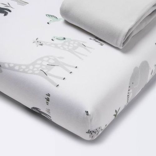 Fitted Play Yard Jersey Sheet 2pk - Cloud Island™ Two by Two Animals and Solid Gray